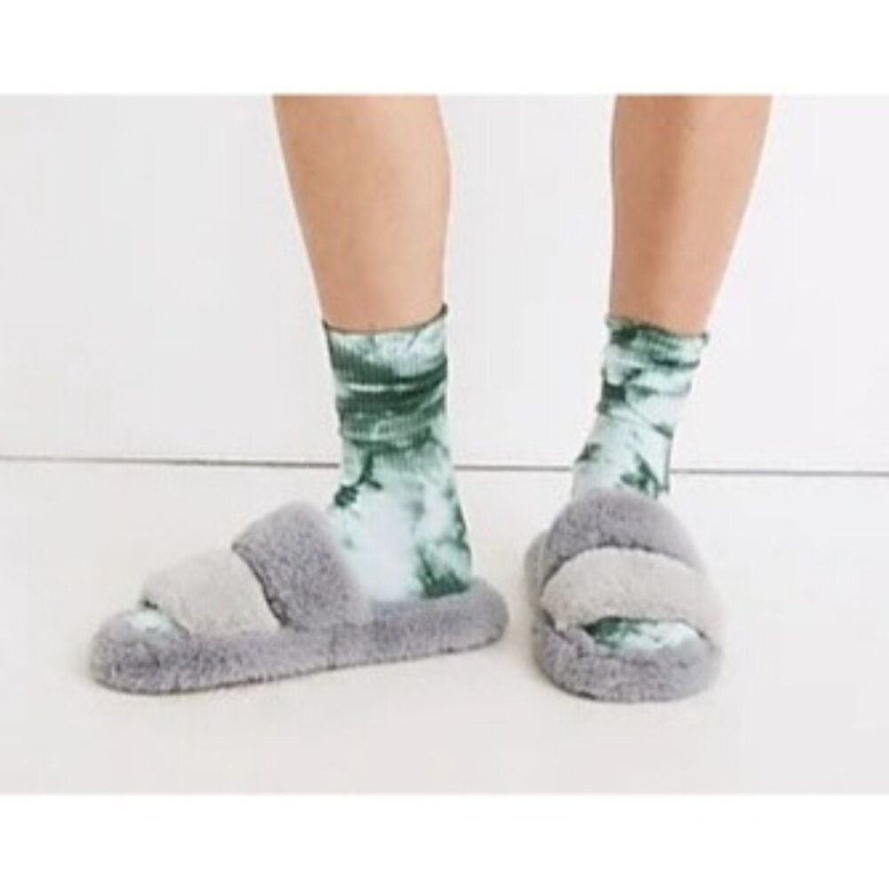 Madewell 8 Faux Fur Lined Slippers Gray Blue‎ Two Strap Scuff Slippers